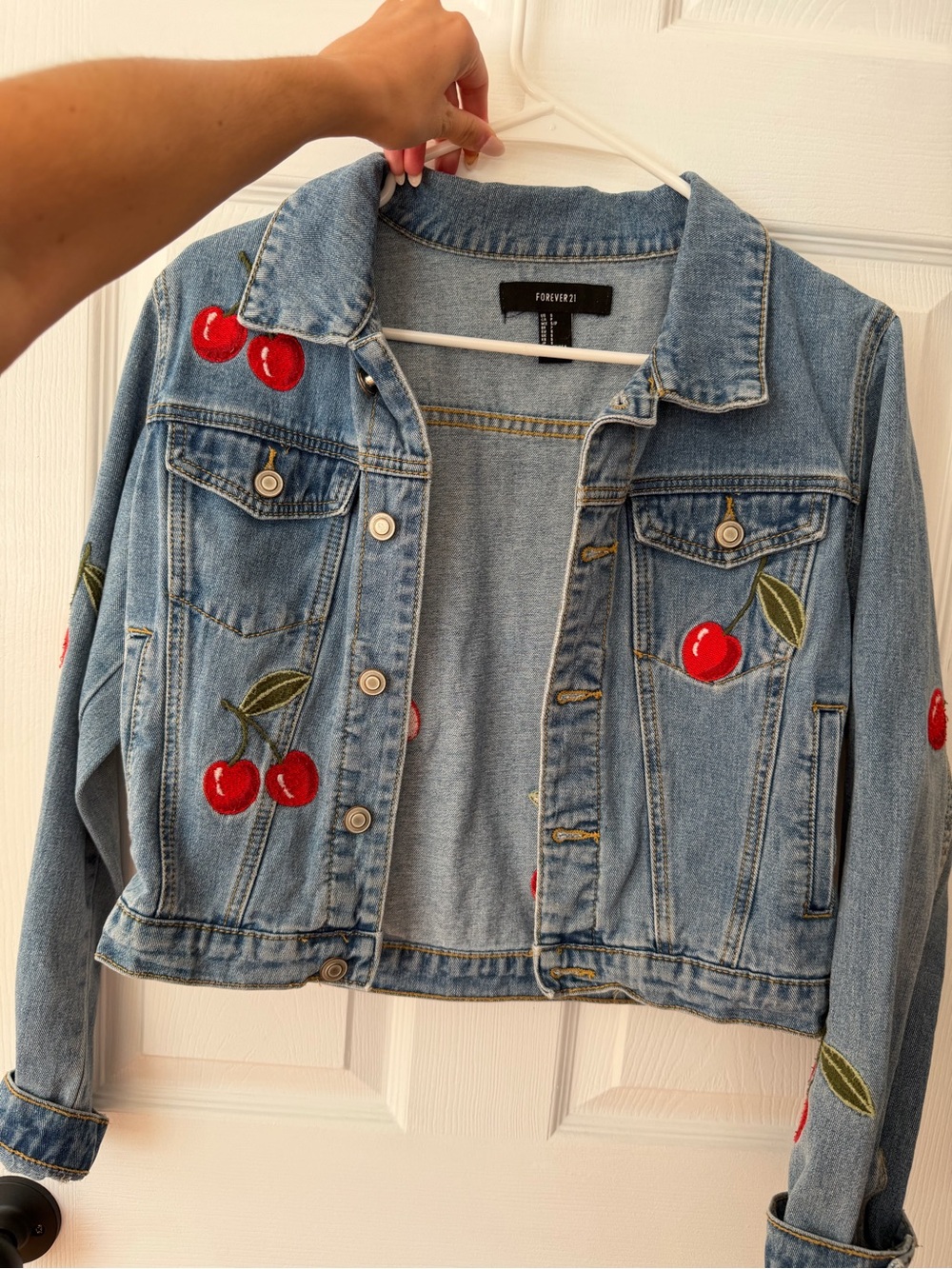 Forever 21 Light Blue Denim Jacket with Red Cherry Embroidery